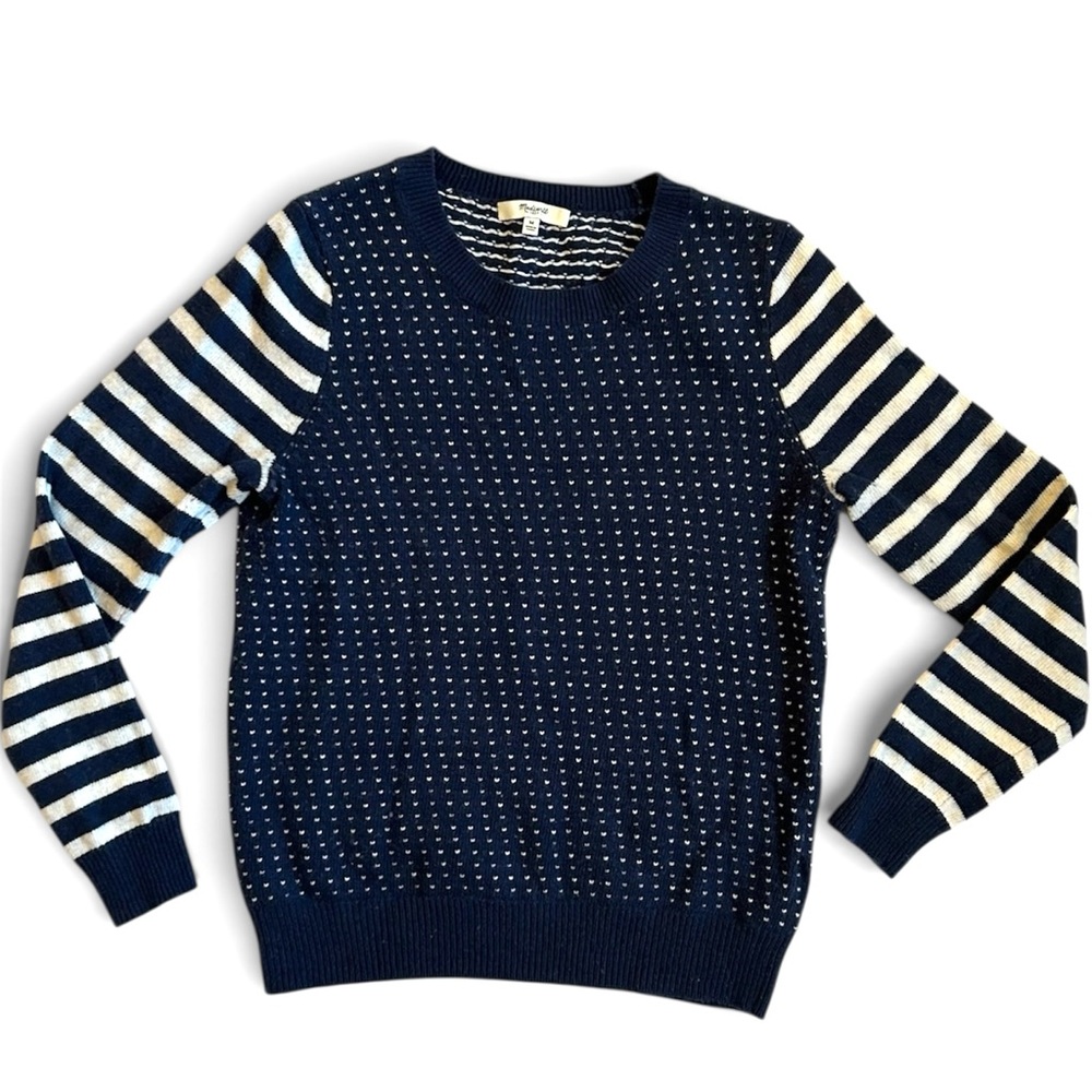 Madewell Navy and White Heart Patterned Knit Sweater